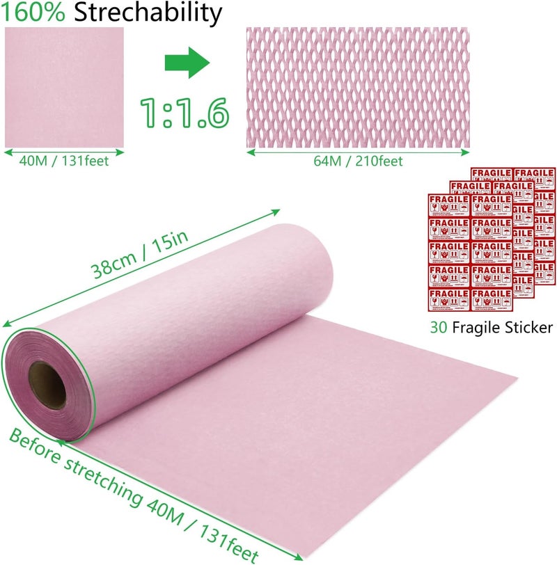 Pine nuts Honeycomb Packing Paper 15"x131' Recyclable Honeycomb Paper Moving Supplies Bubble Paper Wrapping Protective Roll with 30 Fragile Sticker Labels and 66ft of Jute rope (Light pink) - Image 2